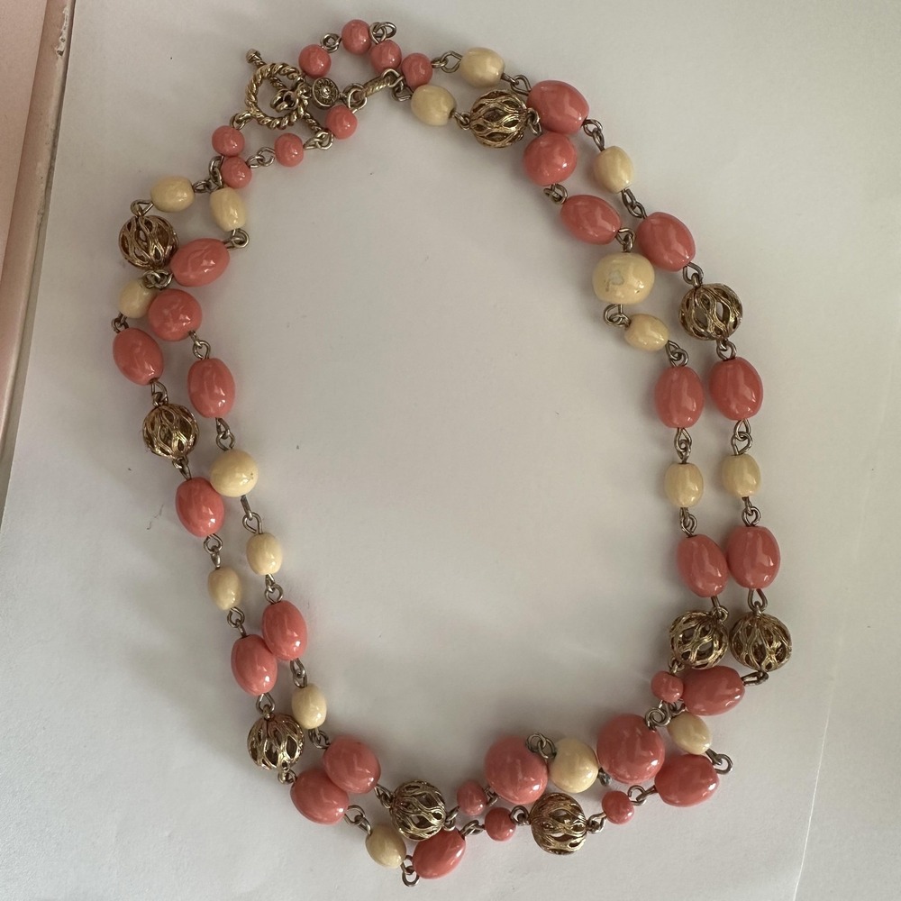 VTG‎ 70's Monet Pink Peach Beaded Strand Necklace Gold Tone 19/38" StatementRARE